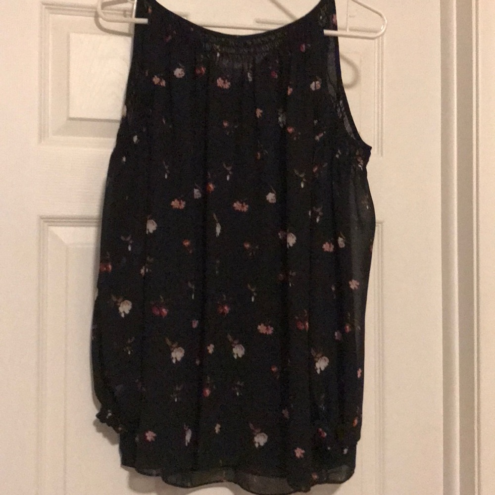 Cold shoulder floral top with sheer arm sleeves